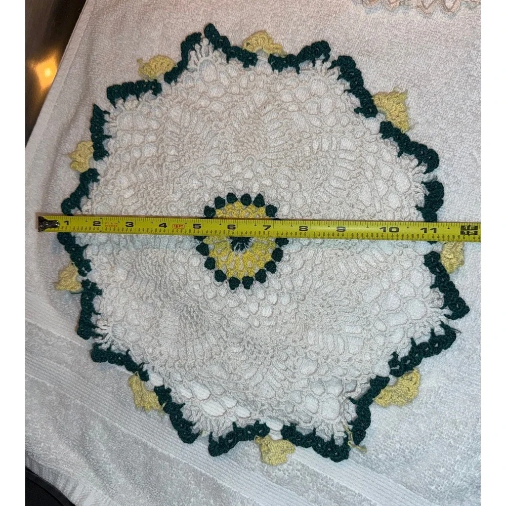 Vintage‎ Doilies Lot Of 2 White/Green/Yellow Handmade
